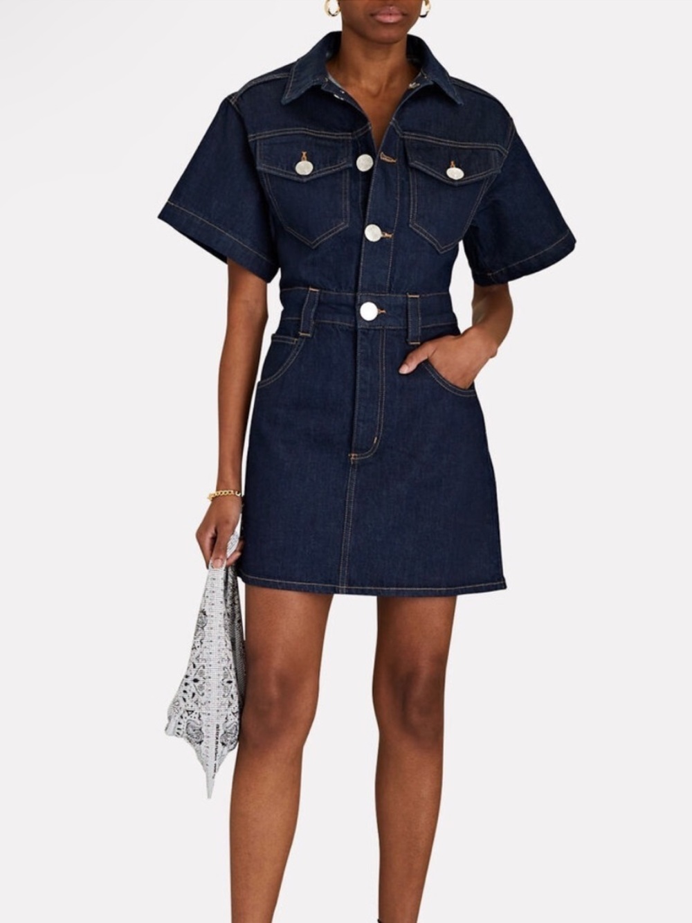 NEW NWOT FRAME Oversized Detail Short Sleeve Denim Dress In Rinse Dark Wash